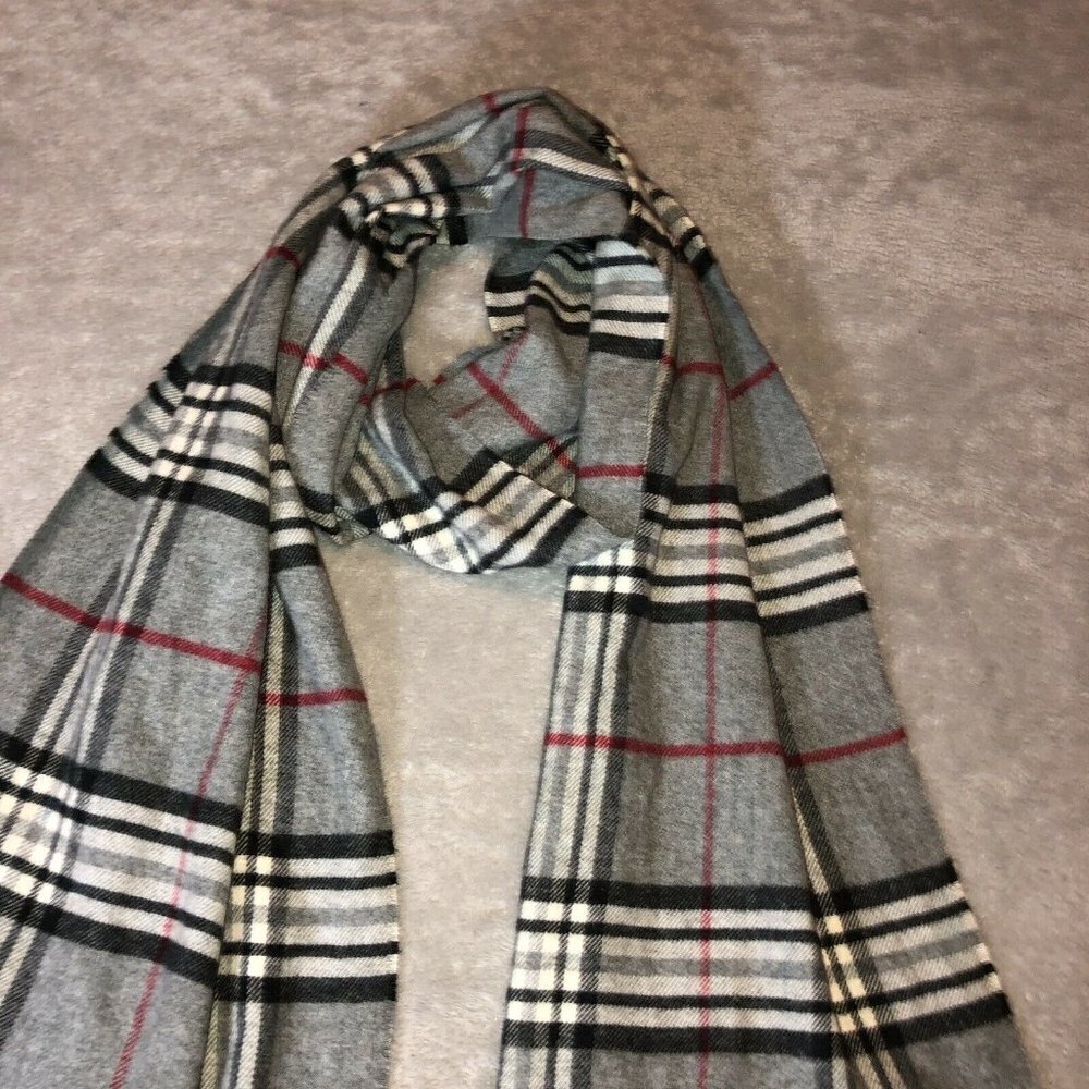 CASHMINK V. Fraas Black Gray Red White Plaid Scar Made in Germany 60" - Picture 7 of 7